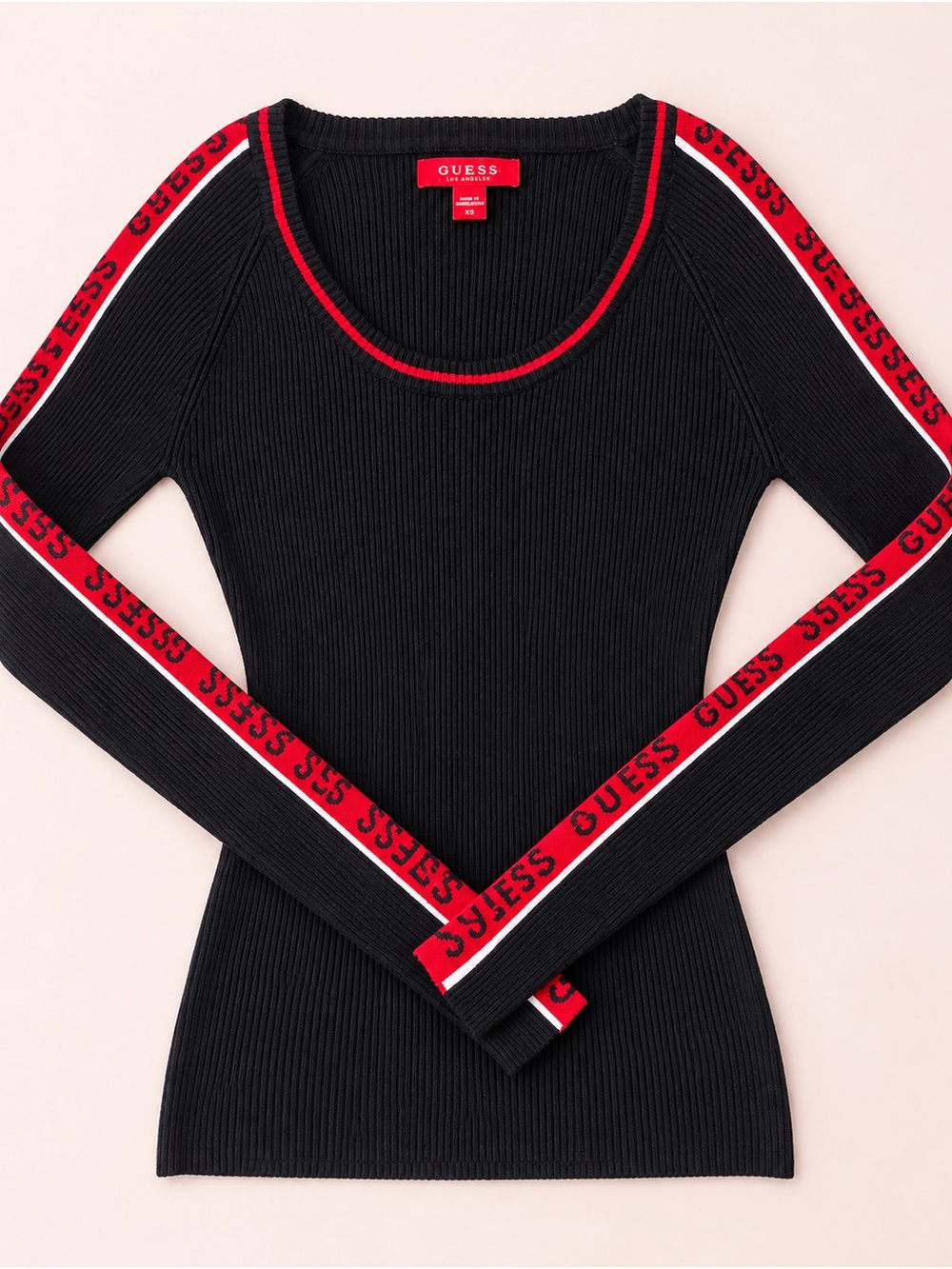 GUESS Black Ribbed Crewneck Sweater with Red Logo Stripe